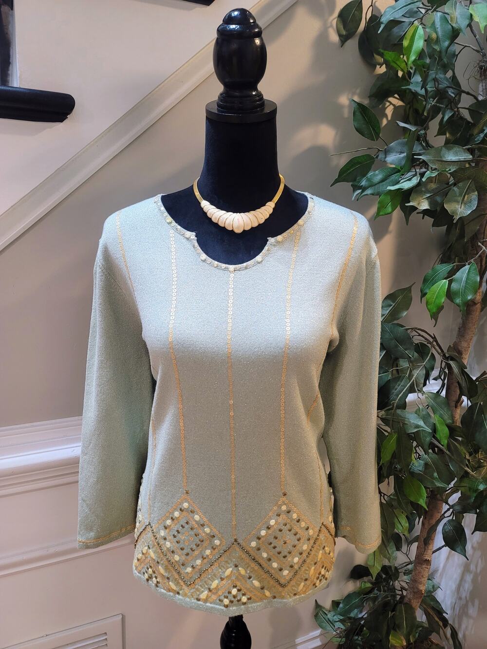 Alfred Dunner Shimmer Sweater Women's Medium Sage Green Embellished Sequin